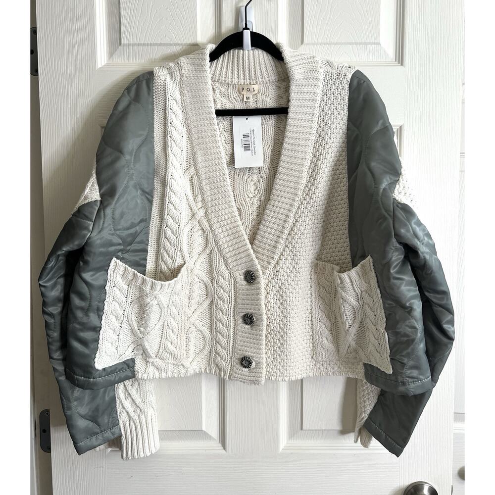 POL Naomi Cable Knit Mixed Media Boxy Grandpa Cardigan Jacket Sz M NWT